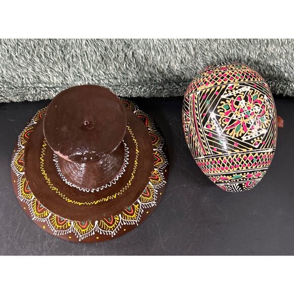 Ukrainian Wooden Egg With Stand Hand Painted UV Reactive